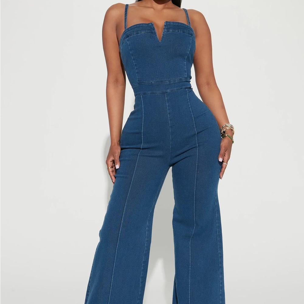 Fashion Nova Blue Flare Denim Jumpsuit